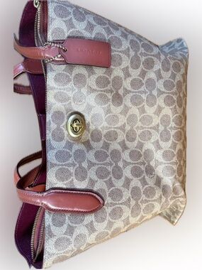 Coach Brown Signature Canvas Tote with Burgundy Trim